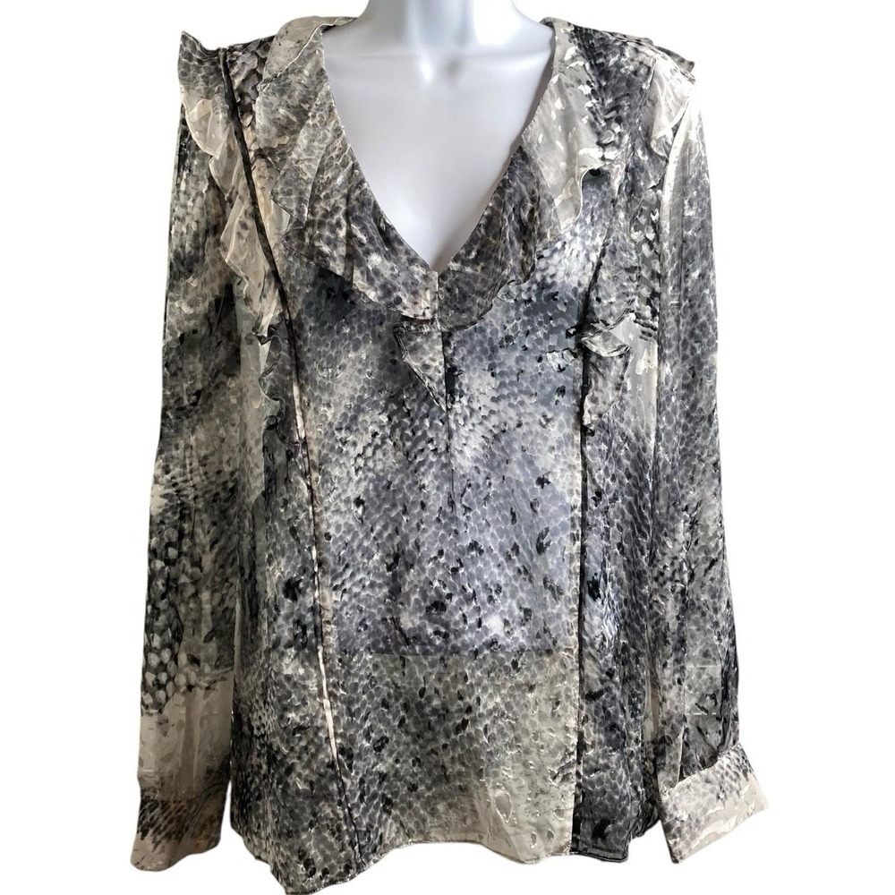 REISS Women's Gray Snakeskin Ruffled‎ Lita Burnout Top Size 10 Old Money Career